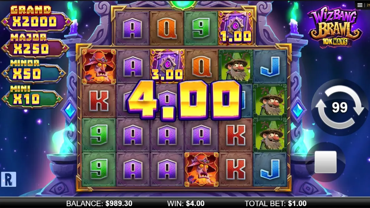 Wizbang Brawl 10K Ways স্লট গেমের জাদুকরী যুদ্ধের দৃশ্য